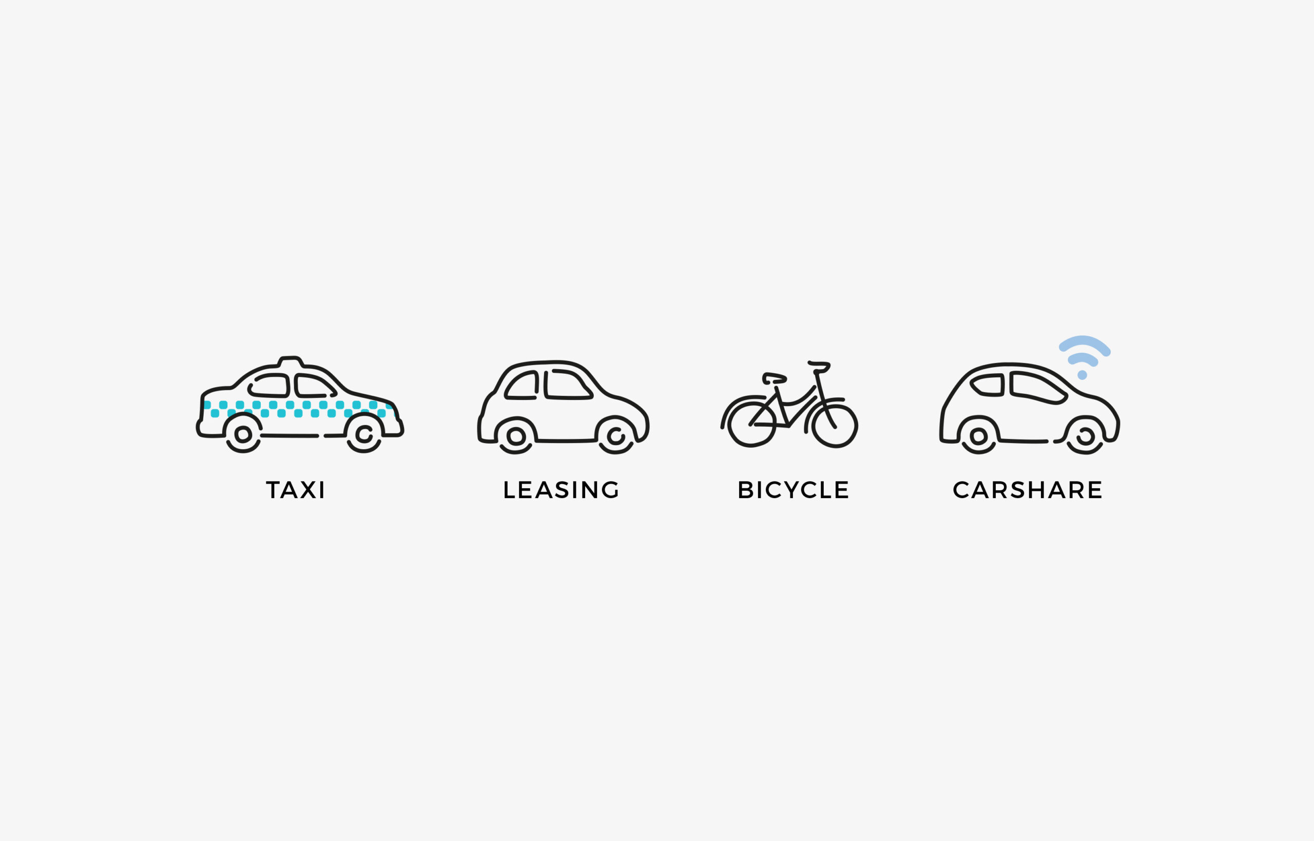Ikoner for taxi, leasing, cykel og carshare
