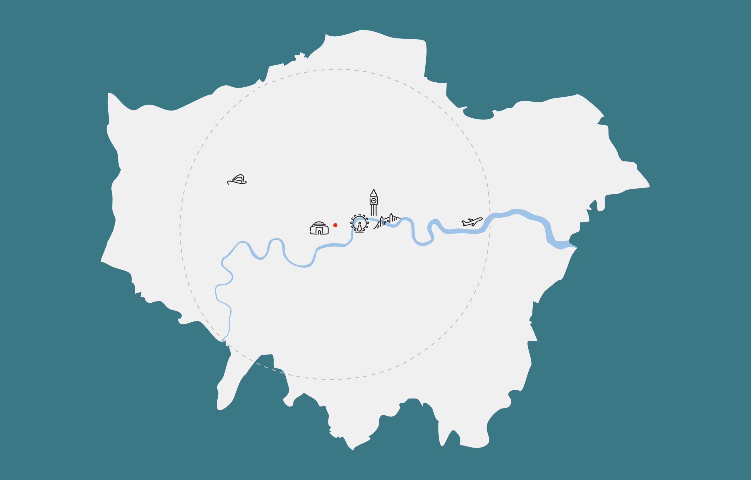 Grafik med kort over London og vigtige turistattraktioner indenfor en radius af centrum