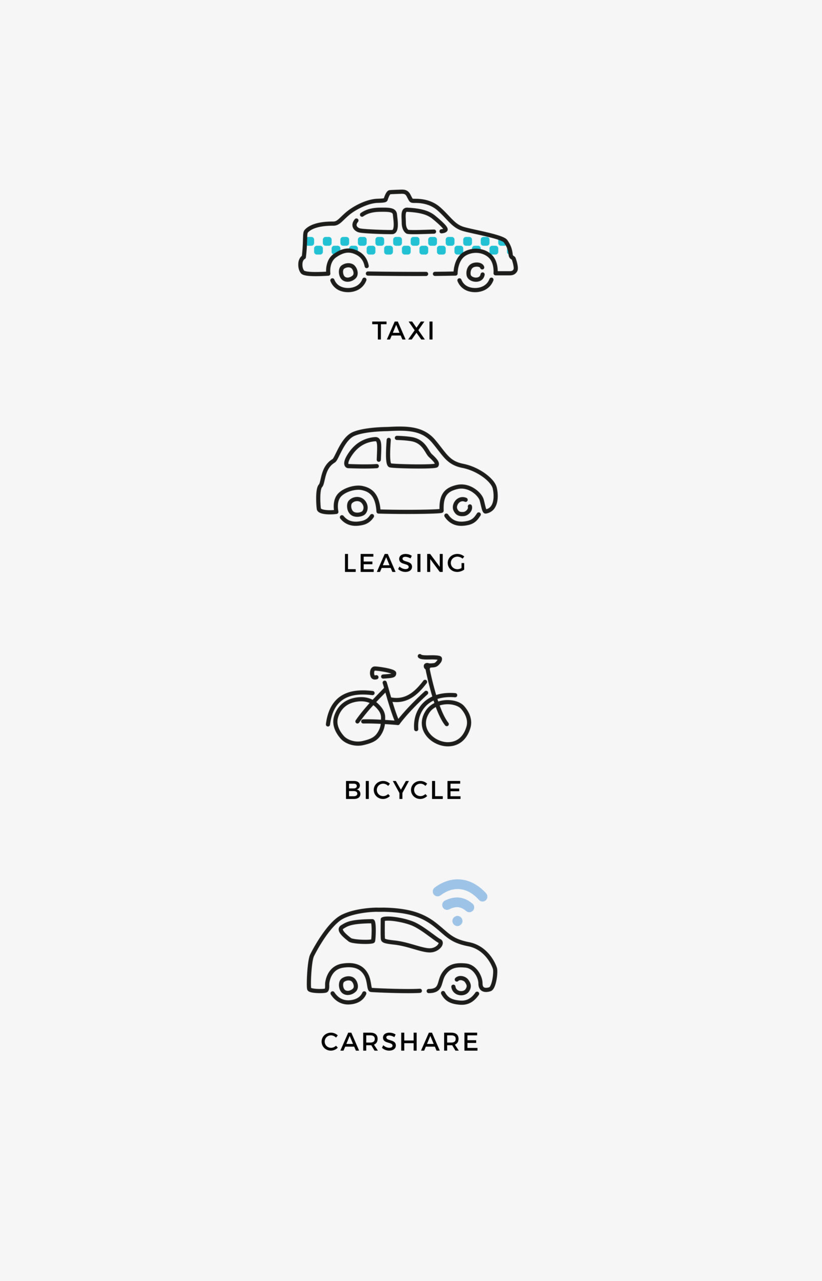 Fire ikoner med taxi, leasing, cykel og carshare